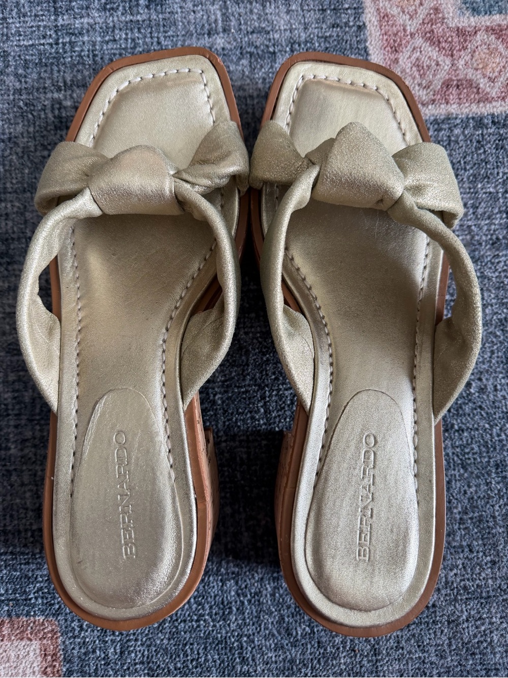 Bernardo Gold Knot-Top Square Toe Mules